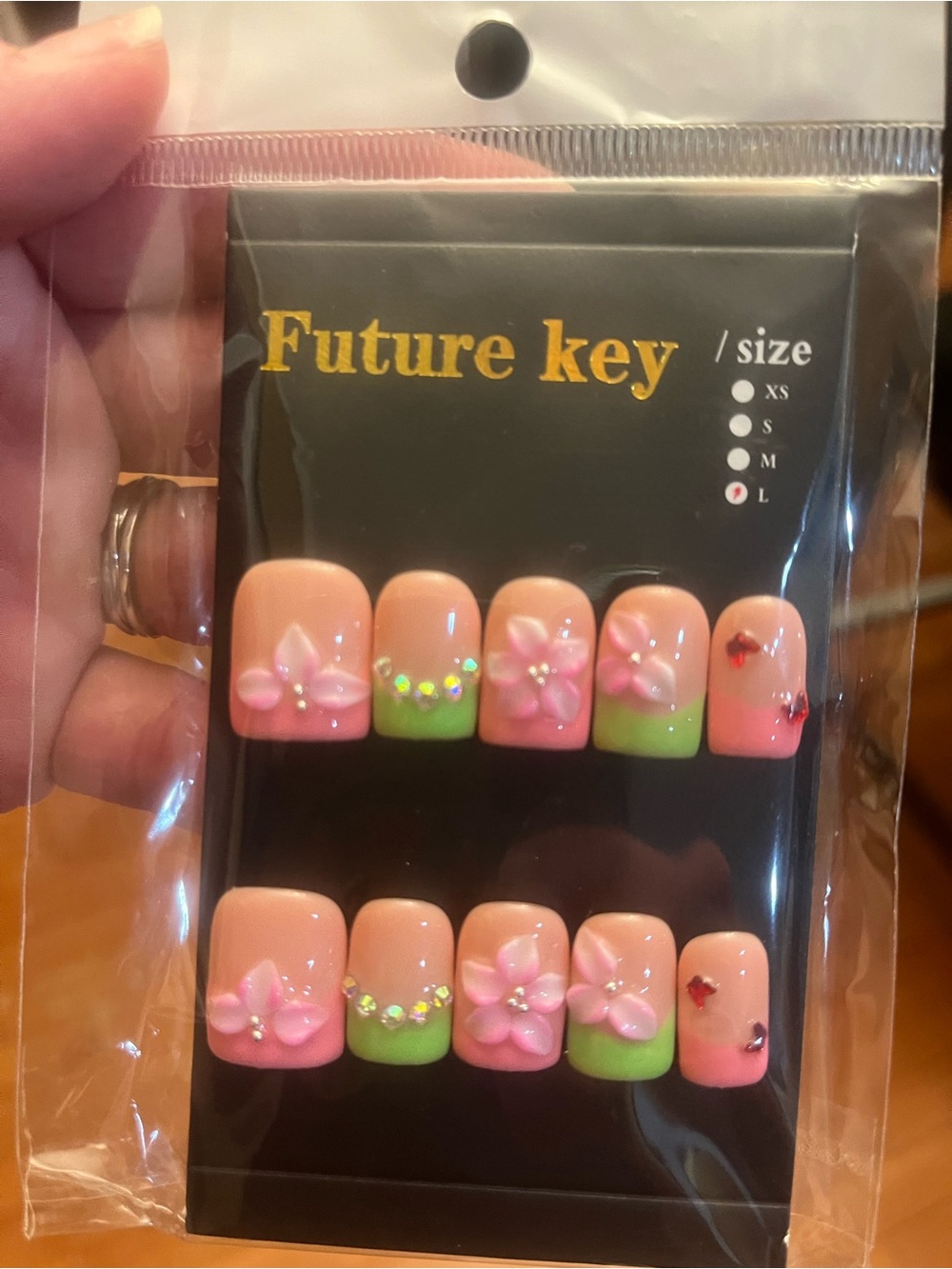 🌸 Pink & Green 3D Floral Press-On Nails – Size Large